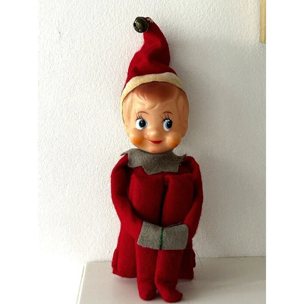 Vintage Pixie Elf Knee Hugger Felt Red Jingle Bell Shelf Sitter Retro Holidays